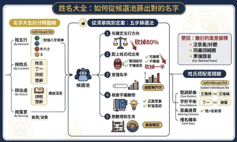 替代文字：這是一張關於中文寶寶取名的結構化資訊圖，嚴格採用深藏青色、金色與白色的配色。圖表以「五步驟篩選法」為核心，佈局獨具匠心，展示瞭如何根據五行、讀音（與姓氏的搭配）、流行度、寓意及數理等維度，從「候選名字庫」中進行篩選。分支節點詳細列出了分類方法（如按五行、姓氏、來源、寓意分類）以及關鍵考慮因素，例如姓氏搭配、整體平衡感以及規避常用字等。整體設計風格權威且兼具教育意義，文字清晰，各項篩選標準均配有醒目的視覺圖示。