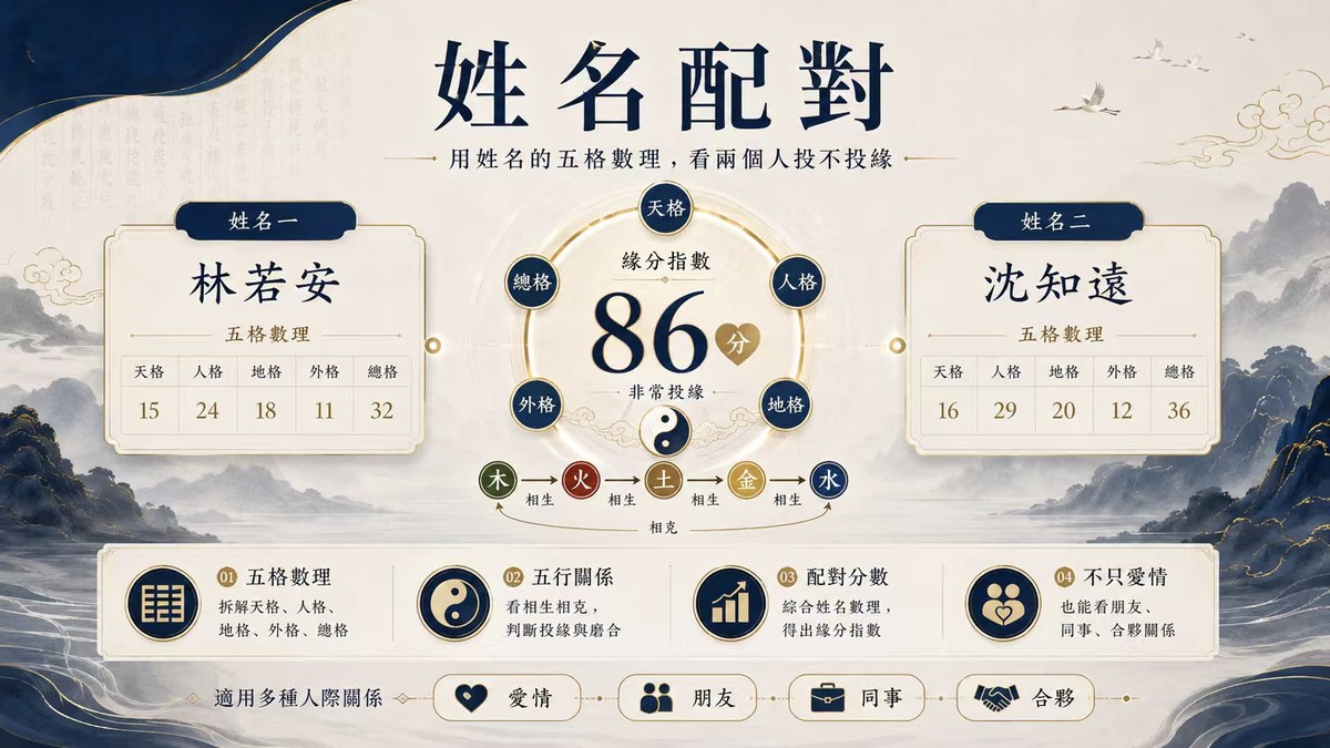 姓名配對測算示意圖，透過兩人姓名的天格、人格、地格、外格、總格及五行關係，分析愛情、朋友、同事與合夥緣分指數。