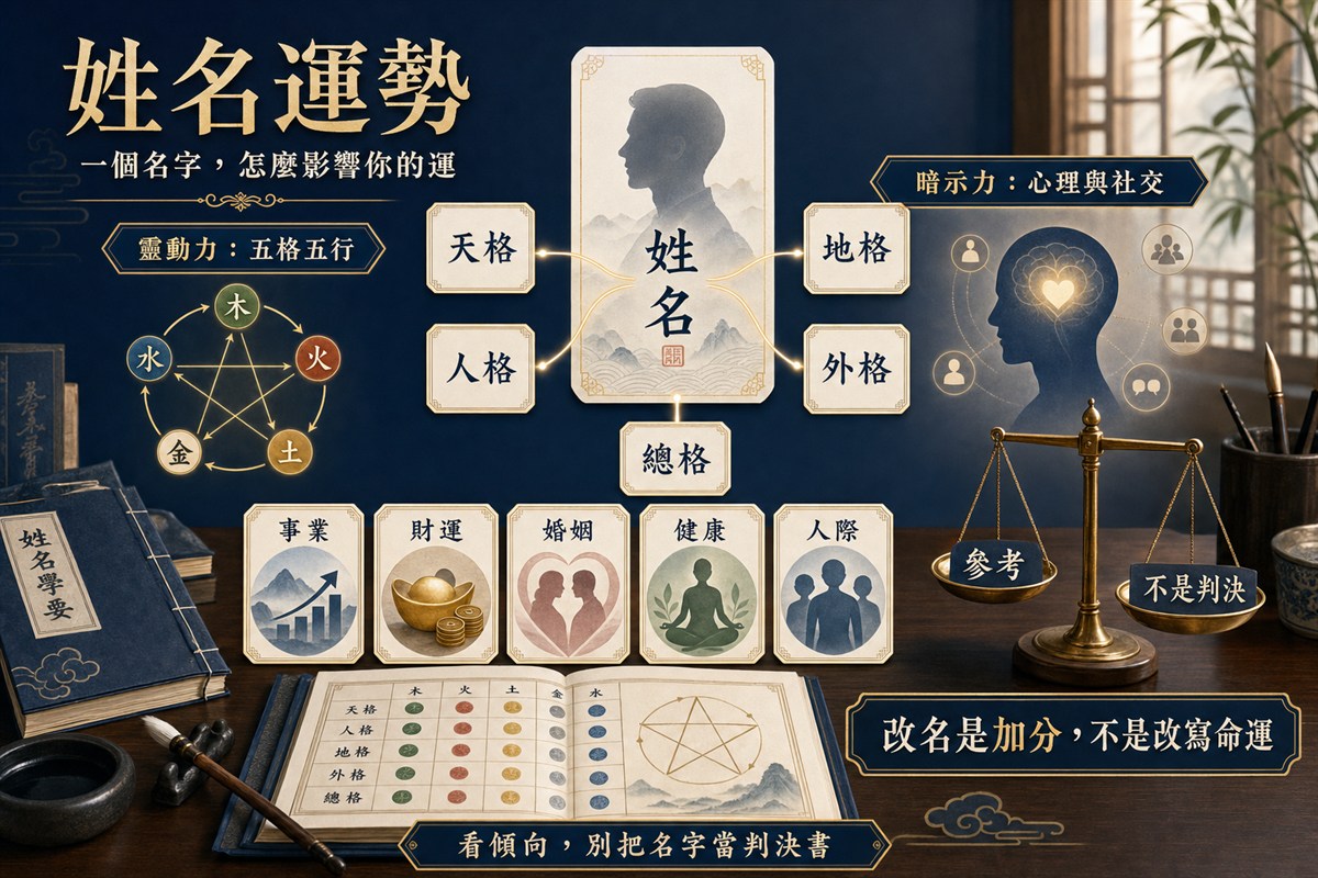 以姓名卡、五格五行圖、事業財運婚姻健康人際等人生面向，呈現名字的靈動力與暗示力，以及改名只是加分而非改寫命運。