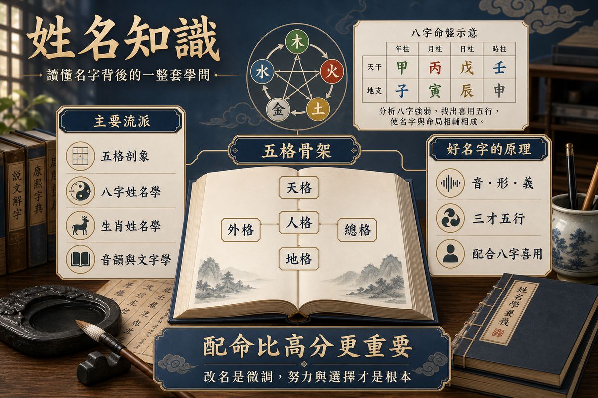 姓名知識|讀懂名字背後的一整套學問 姓名知識圖,以五格骨架、五行圖、八字命盤與姓名學主要流派為核心,說明好名字需兼顧音形義、三才五行與八字喜用,配命比高分更重要。