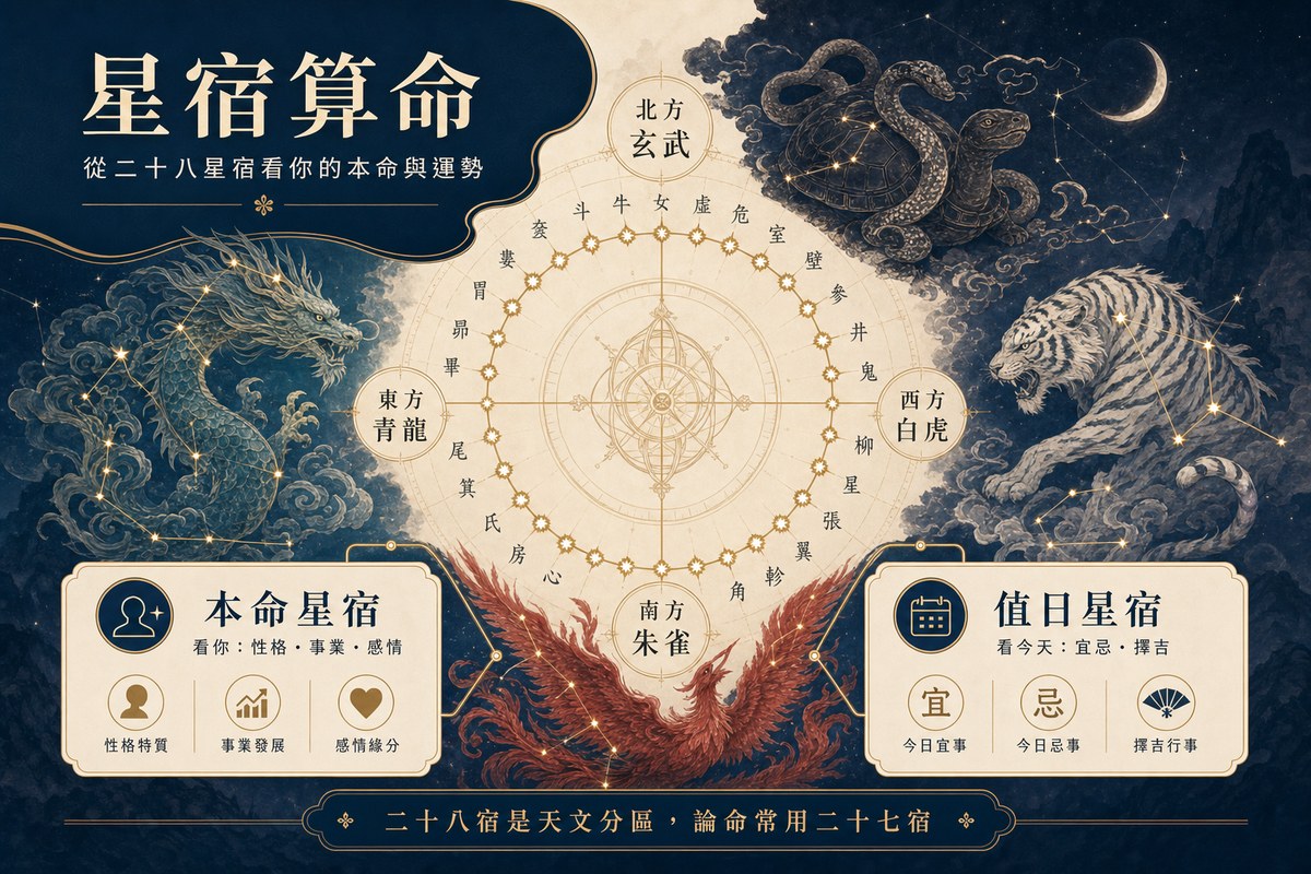 星宿算命:從二十八星宿看你的本命與運勢,四象顯化解析性格擇吉 星宿算命圖:中央為二十八星宿環形星盤,四周圍繞東方青龍、北方玄武、西方白虎、南方朱雀四象獸,左下解析本命星宿看性格事業感情,右下解說值日星宿看今日宜忌擇吉。