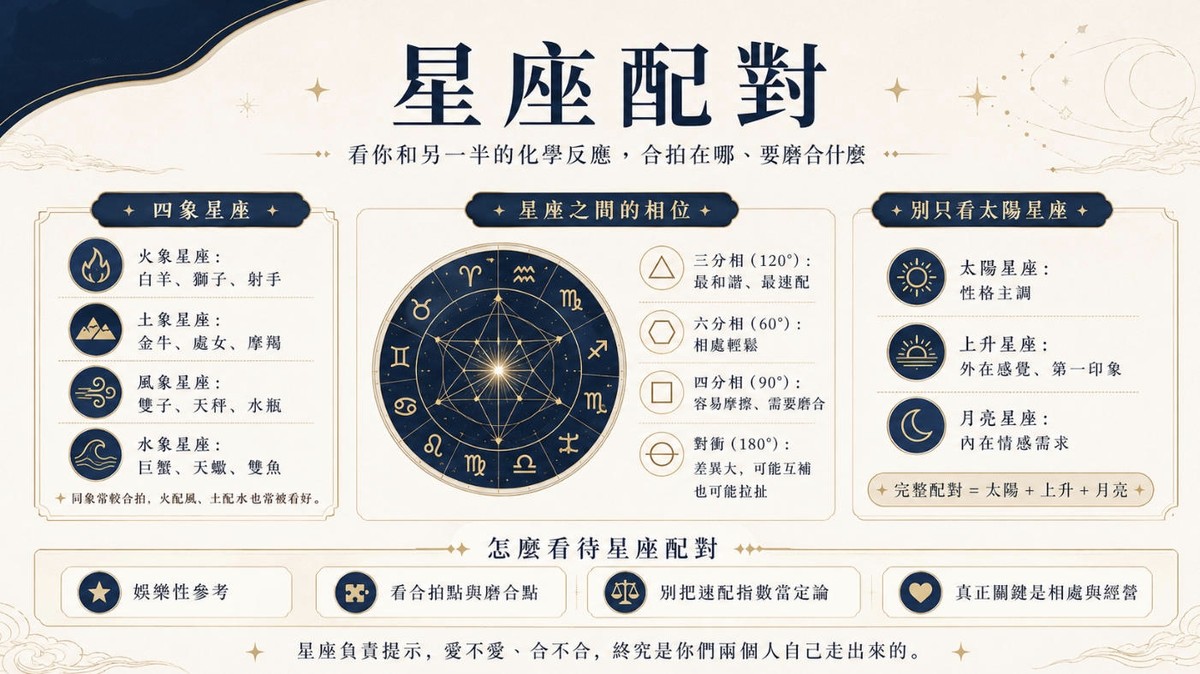 星座配對指南:四象星座與星盤相位分析 星座配對分析圖,介紹火象、土象、風象與水象星座特質,並透過星盤相位、太陽星座、上升星座和月亮星座判斷兩人的相處與磨合方式。