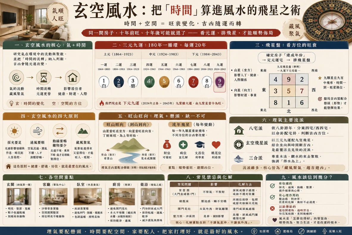 玄空風水知識圖，介紹三元九運、九宮飛星盤、旺山旺向與流年飛星，並整理玄關、客廳、臥室、廚房和衛浴的佈局重點與常見禁忌。