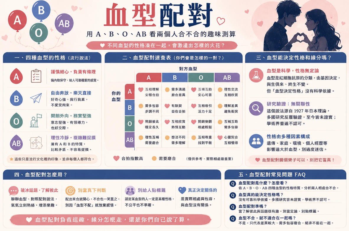 血型配對分析:A、B、O、AB型相處關係速查 血型配對趣味分析圖,整理A型、B型、O型與AB型的性格印象、兩人配對結果及相處磨合方式,並提醒血型不能決定性格與緣分。