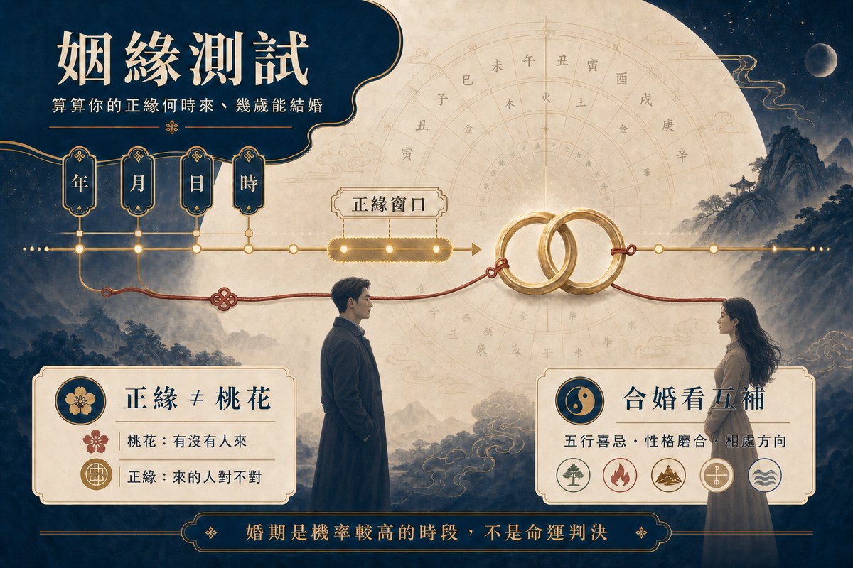 姻緣測試圖：一條紅線穿過雙囍對戒、連接時間軸上的正緣窗口，左下解析正緣與桃花的差別（桃花是有沒有人來、正緣是來的人對不對），右下說明八字合婚看五行喜忌互補與性格磨合。