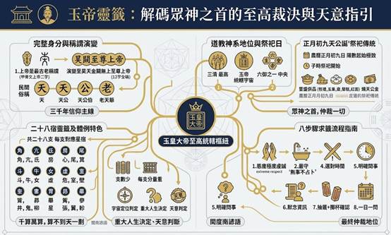 一張深夜藍與雅緻金配色、結構化的資訊圖表，展示玉帝靈籤的完整指南。中心為至高無上的玉皇大帝形象，左側解析「身分與稱謂演變」和「三千年信仰主線」，右側展示「道教神系」和「正月初九天公誕」祭祀傳統，底部詳解「二十八宿靈籤」的結構、意涵、分量、求籤流程、以及與日常神明籤的區別和「命定」信念（引用諺語「千算萬算，算不到天一劃」）。風格莊嚴、乾淨且學術，無重複佈局結構。圖文咬合，完美結合文章內容。