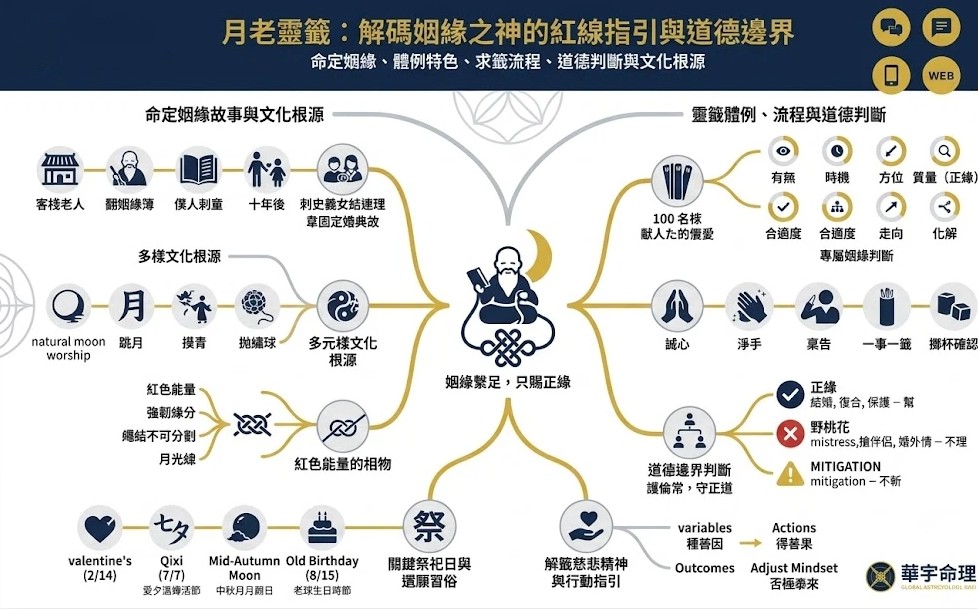 一張結構化的月老靈籤資訊圖表，配色為深藍與金，融合紅線與故事圖解，解碼姻緣繫足、命定故事、文化根源、體例特色、求籤流程與道德邊界，風格莊嚴、乾淨且學術。無重複佈局結構。圖文咬合，完美結合文章內容。