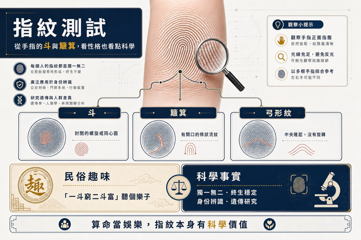 指紋測試圖：放大鏡下的指紋，下方分解「斗」（封閉的螺旋或同心圓）、「簸箕」（有開口的條狀流紋）與「弓形紋」（中央隆起、沒有旋轉）的紋路特徵，並對比民俗趣味的「一斗窮二斗富」與身份辨識、遺傳研究等科學事實。