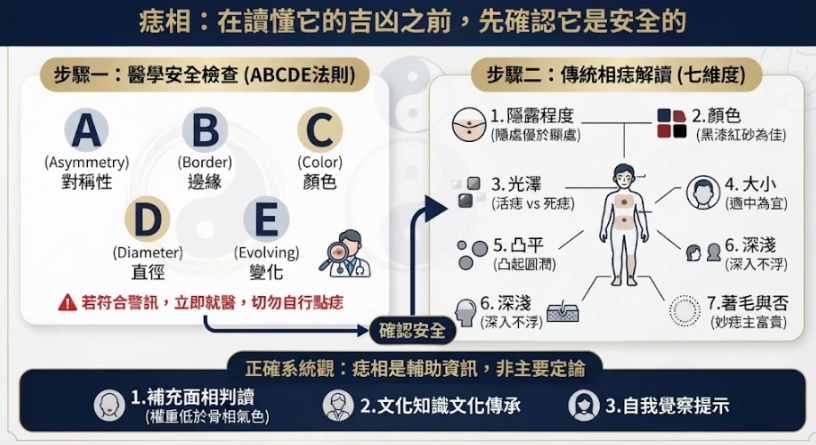 一張深藍與雅緻金配色的專業資訊圖表，左側清晰列出醫學自我檢查痣的ABCDE法則（不對稱、邊緣、顏色、直徑、變化），並以醒目紅色警語強調「自行點痣」的風險；右側則結構化呈現傳統相痣的核心原則（顯隱）與判斷痣好壞的七個維度（光澤、顏色、著毛與否等）。