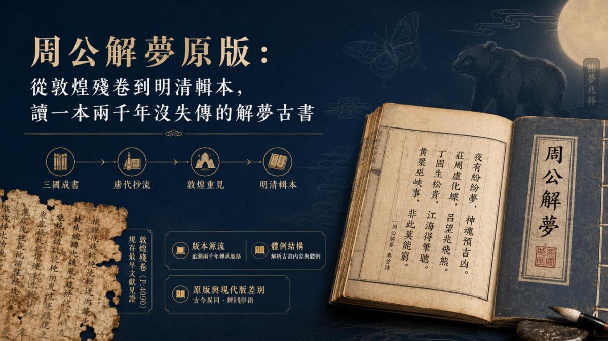 周公解夢原版:從敦煌殘卷到明清輯本的傳承 周公解夢原版典籍傳承示意圖:呈現三國成書、唐代抄流、敦煌殘卷重見與明清輯本整理,並說明古代解夢書的版本源流與體例結構。