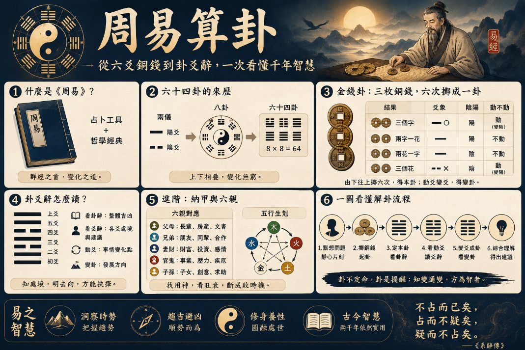 周易算卦知識圖，介紹六十四卦的由來、三枚銅錢起卦方法、陰陽爻與動爻判定，以及結合卦辭、爻辭、六親和五行解讀卦象的流程。