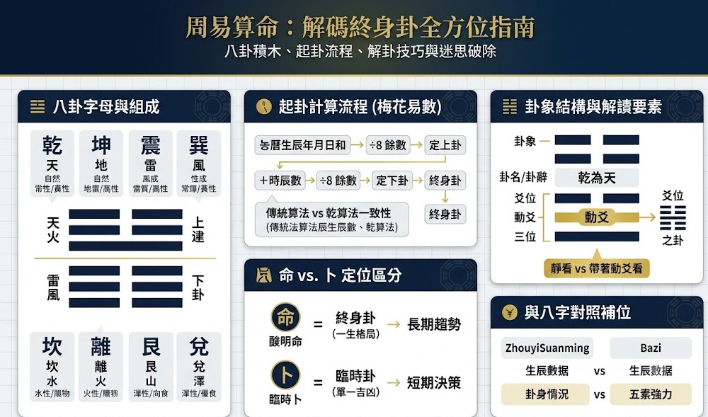 周易算命:終身卦解碼圖解指南 周易算命終身卦圖解:包含八卦字母與組成、梅花易數的起卦計算流程、命與卜的定位區分、卦象結構與動爻解讀,以及與八字數據的對照補位。