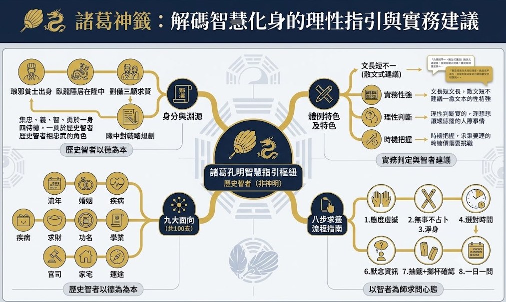 諸葛神籤解碼指引圖，介紹諸葛亮作為歷史智者的身分與淵源、九大面向共百支籤、體例特色、八步求籤流程，以及以智者為師的讀籤方法。