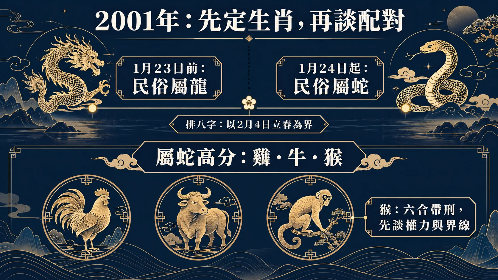 2001年屬蛇生肖分界與雞牛猴高分配對圖解