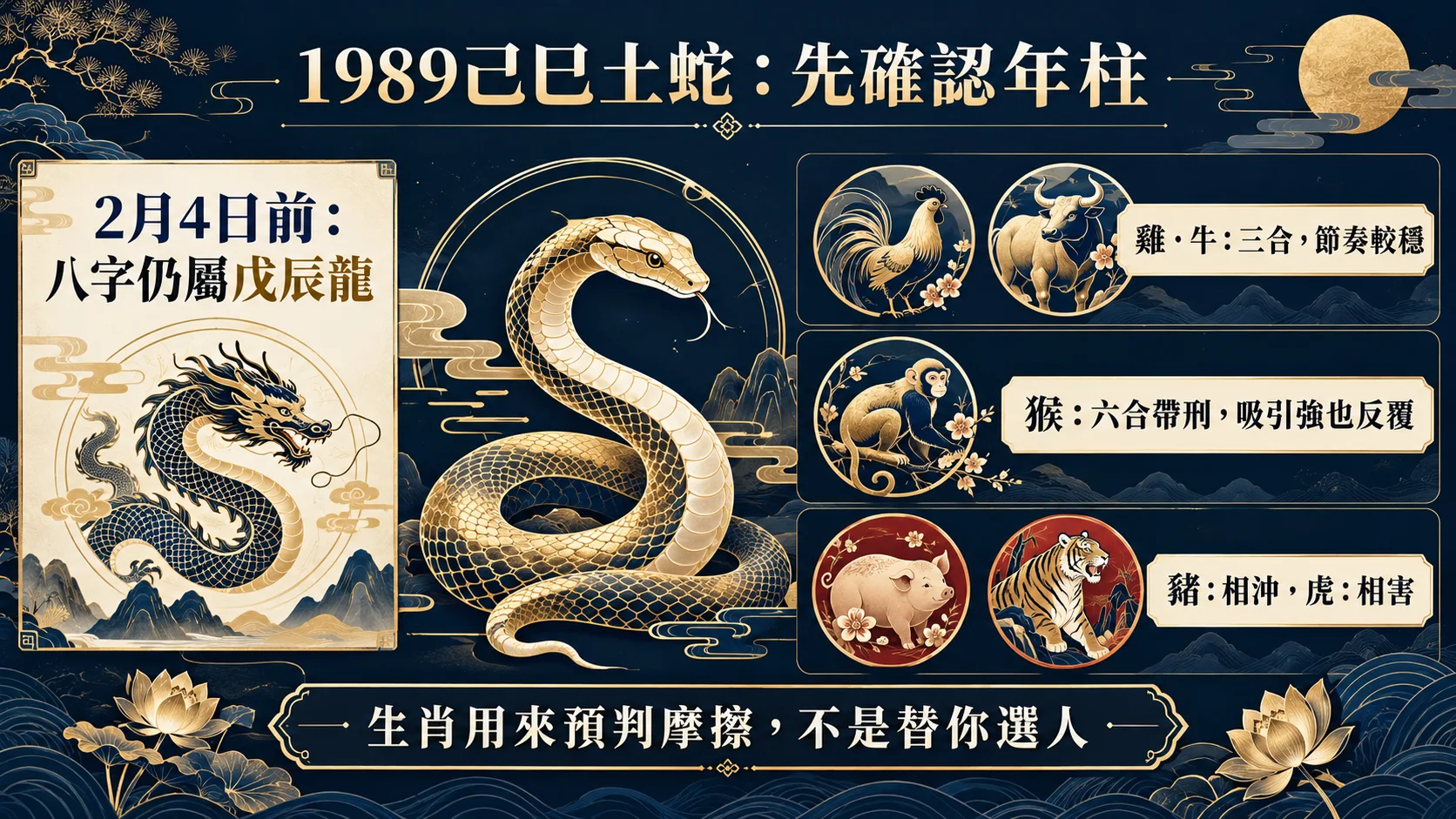 1989己巳土蛇生肖分界與雞牛猴豬虎婚配關係