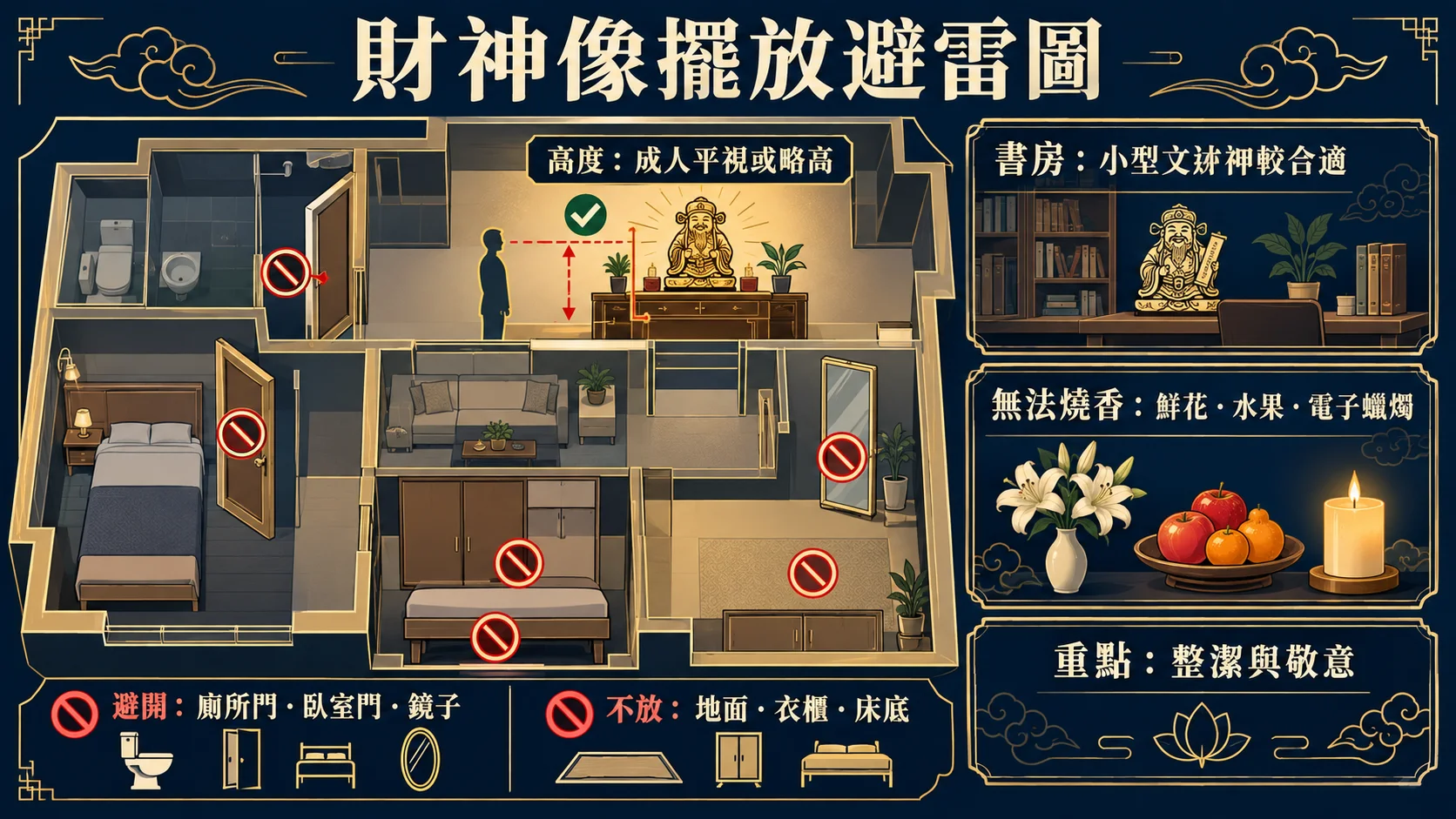 財神像高度位置與廁所臥室鏡子擺放禁忌圖解