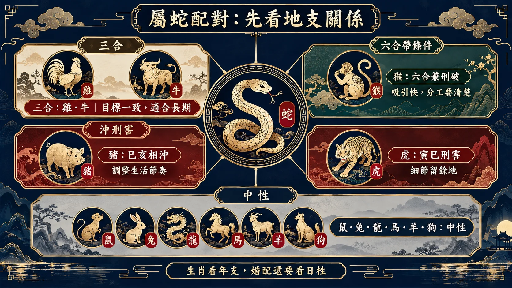 屬蛇生肖配對巳酉丑三合巳申六合與沖刑害關係圖