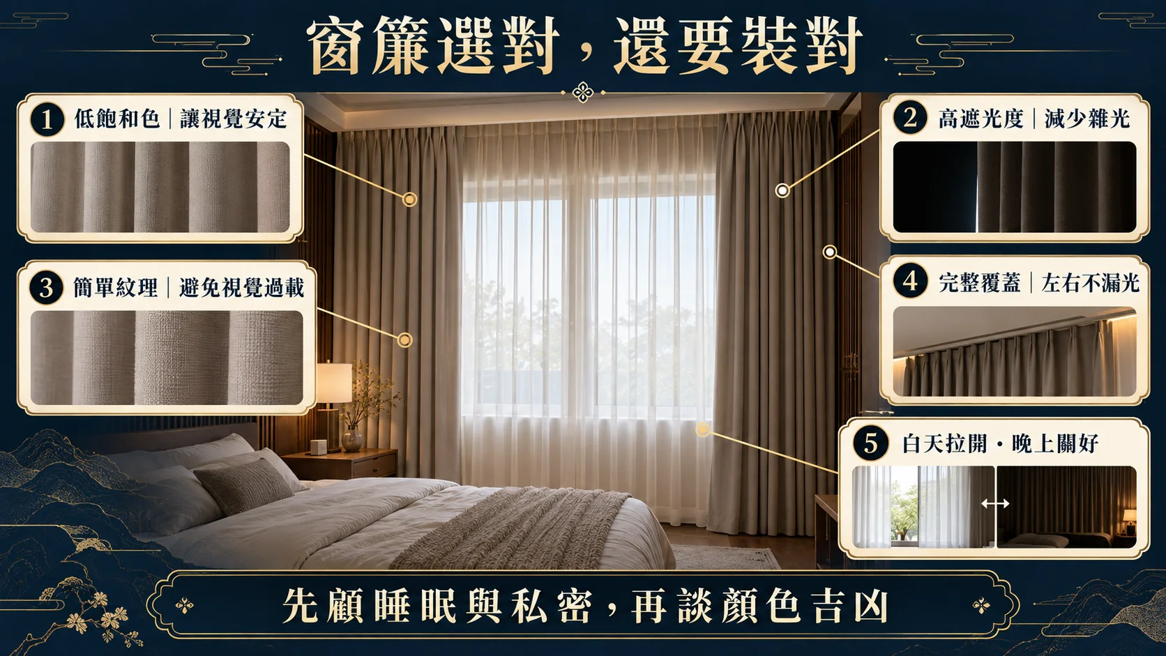臥室窗簾遮光度完整覆蓋與白天晚上開合教學圖