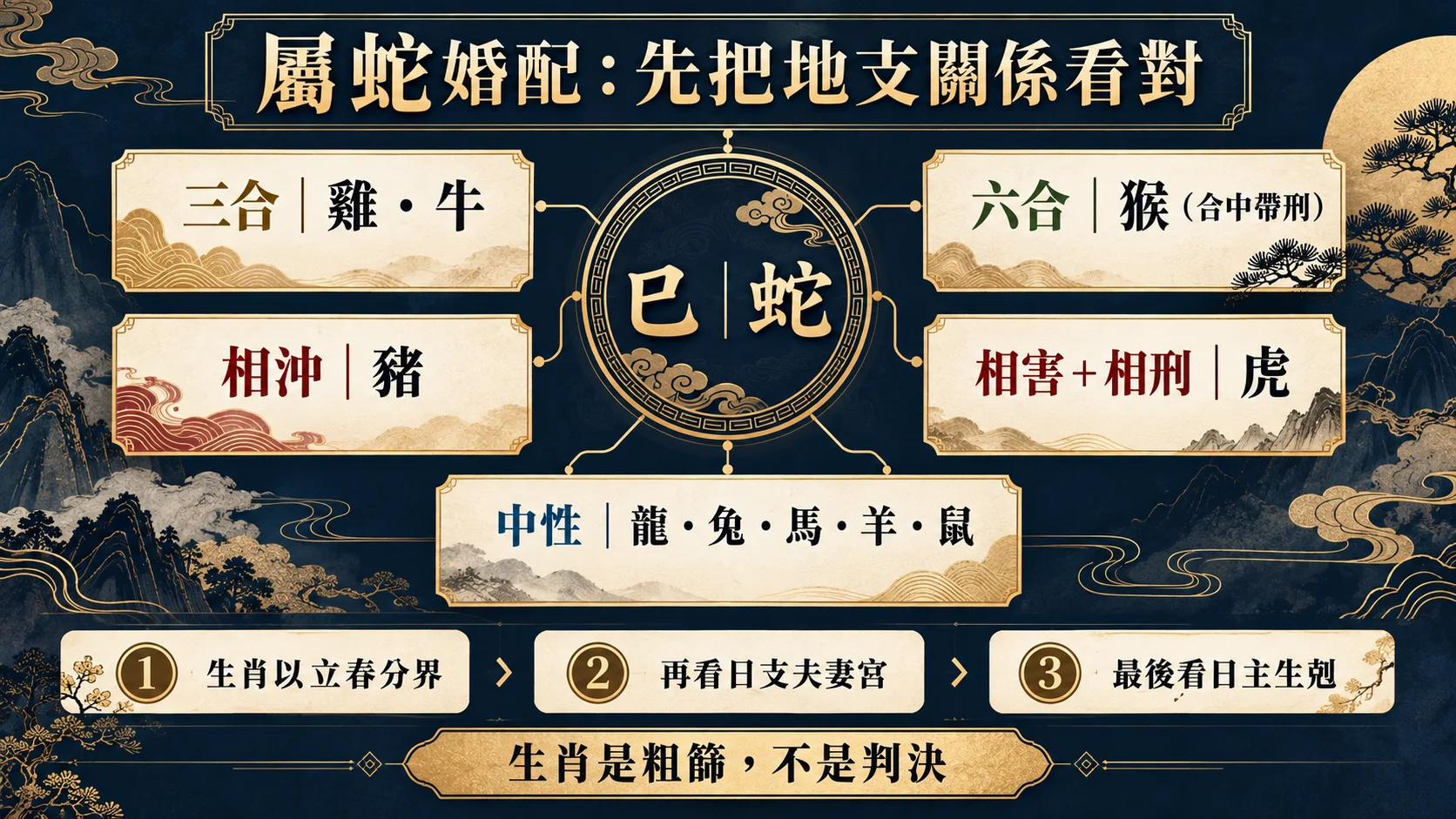 屬蛇生肖婚配三合六合相沖相害與日支判讀圖