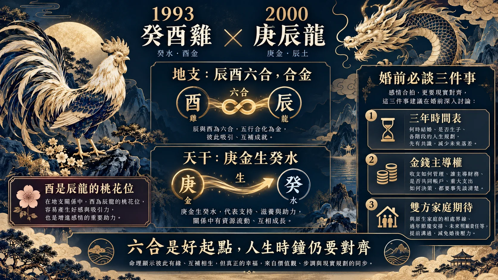 1993癸酉雞與2000庚辰龍辰酉六合庚金生癸水圖