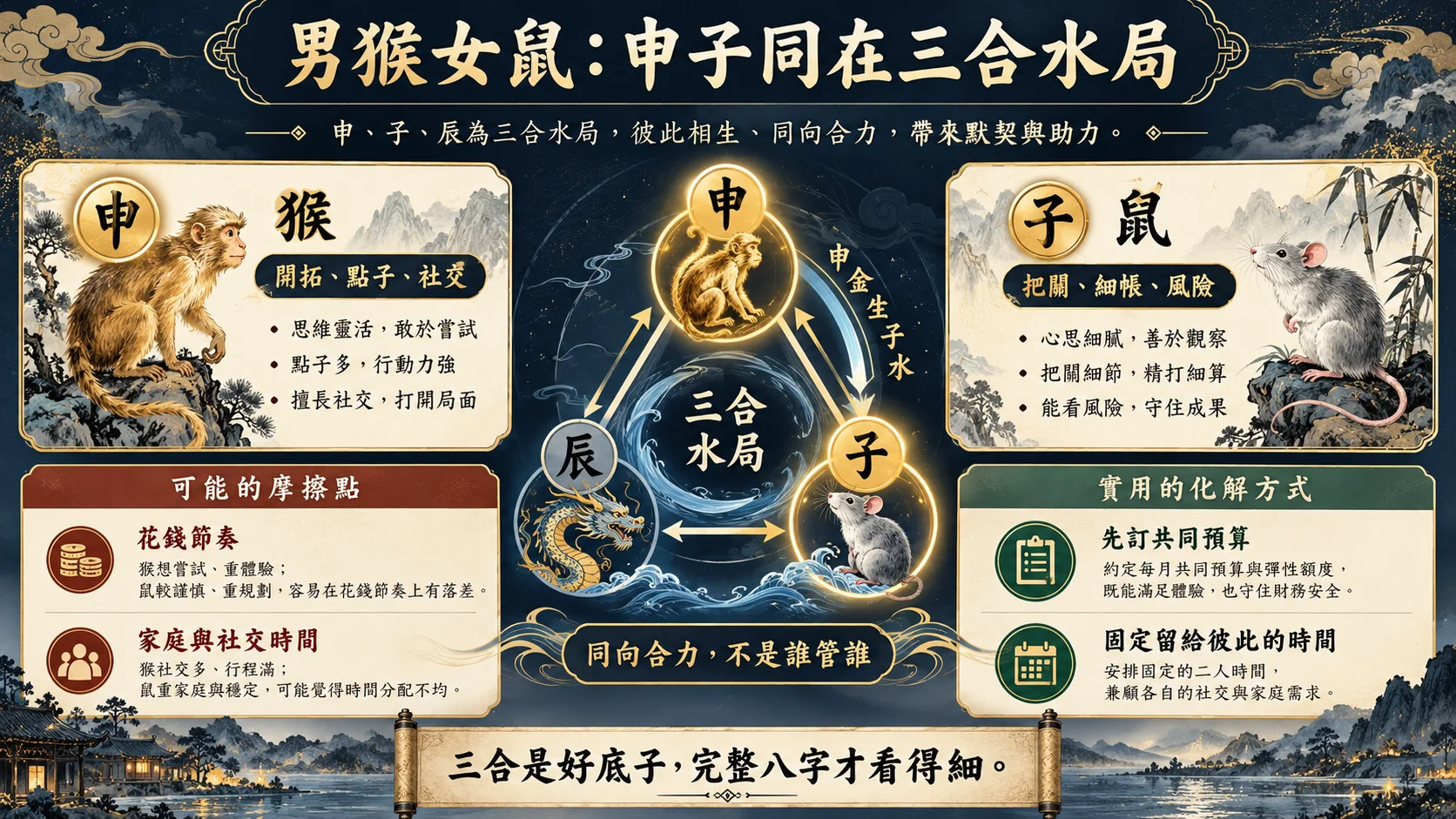 男屬猴女屬鼠申子同在申子辰三合水局及相處分工圖