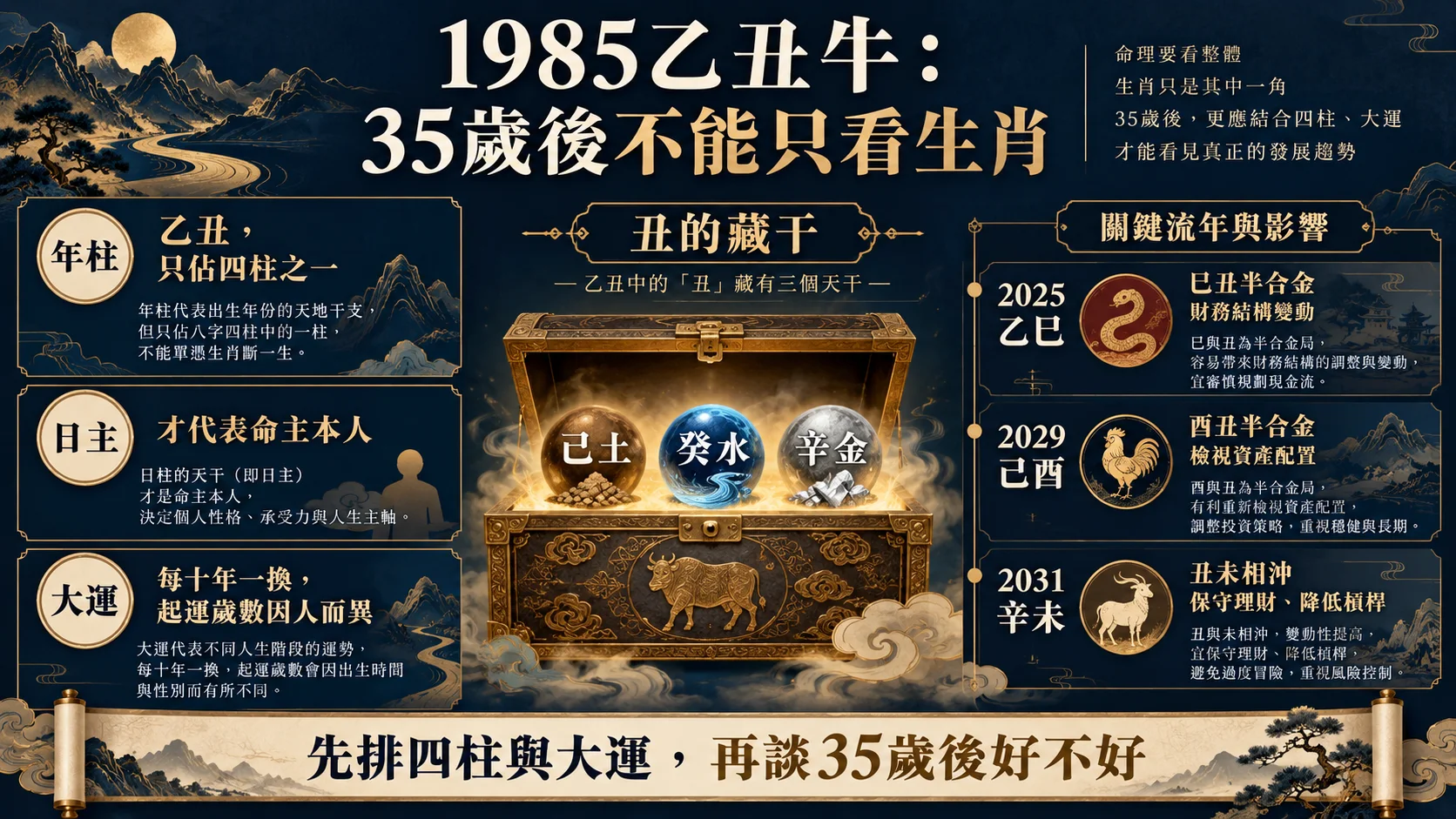1985乙丑牛丑藏干大運與2025至2031流年財運圖