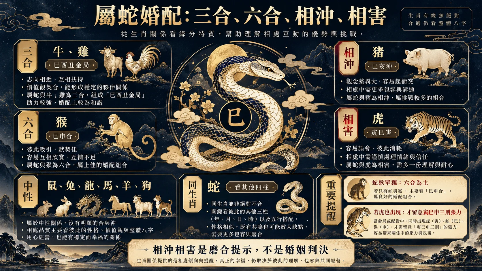 屬蛇三合牛雞六合猴相害虎相沖豬婚配關係圖