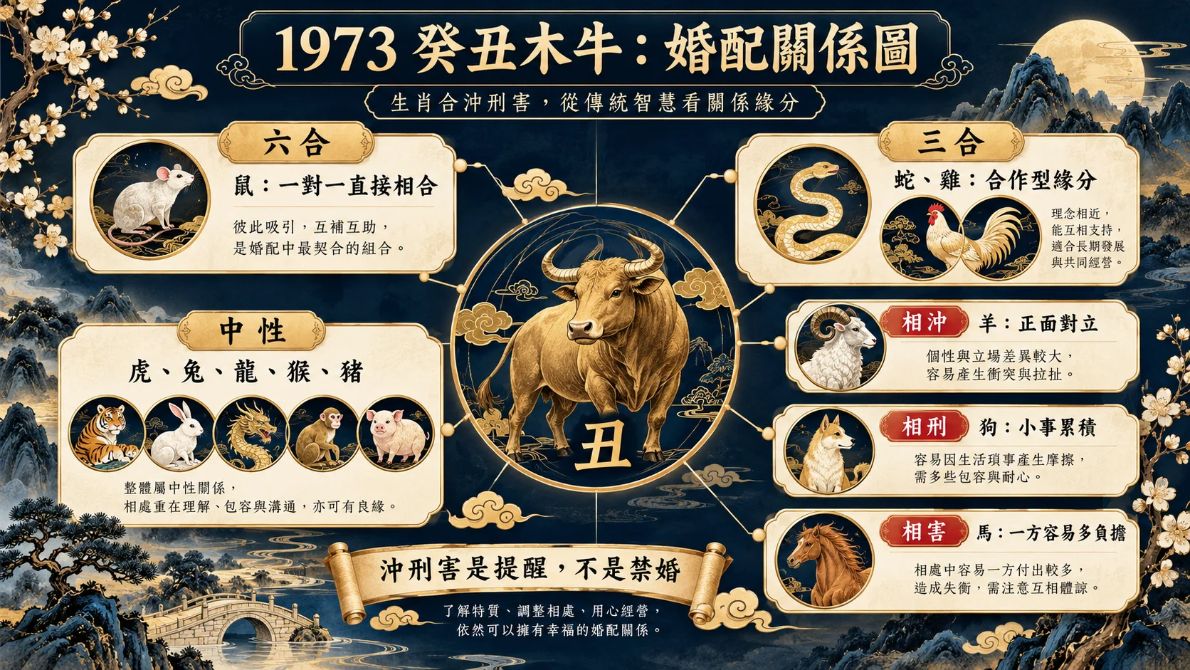 1973癸丑木牛六合三合相沖相刑相害婚配圖