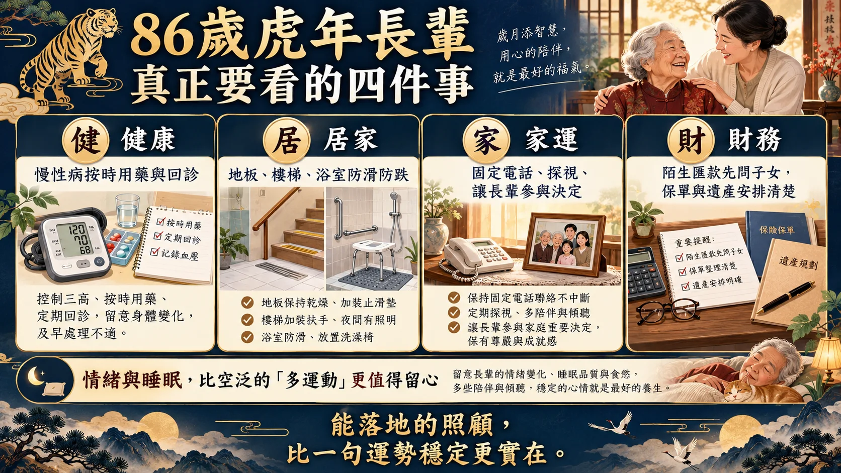 1938屬虎86歲長輩健康防跌家運與防詐照護清單圖