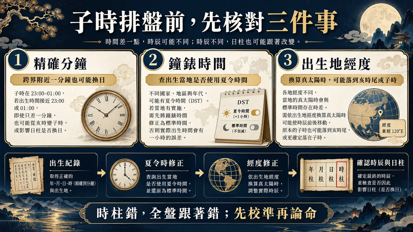 子時排八字出生分鐘夏令時間與真太陽時三項核對圖