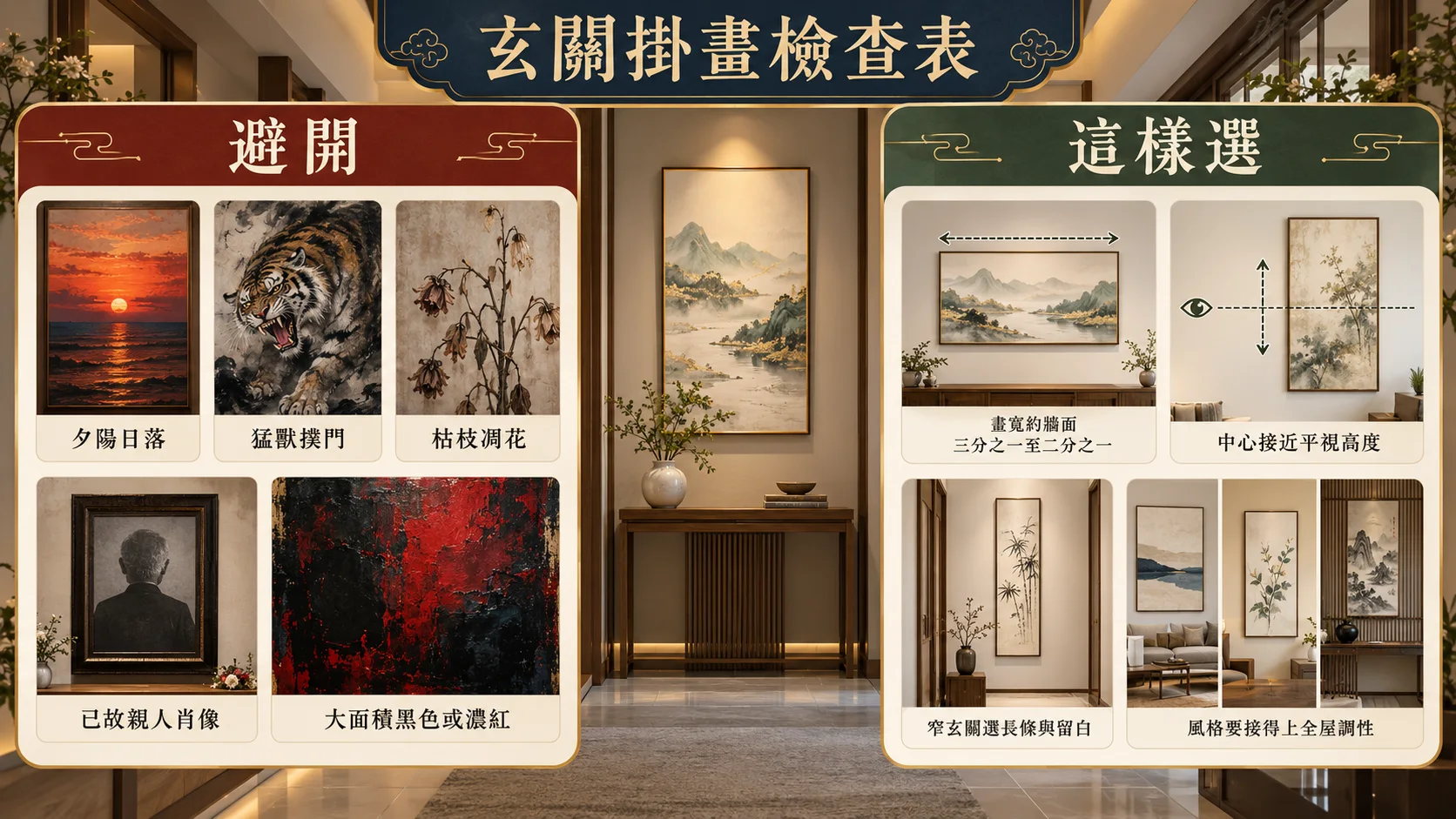 玄關掛畫禁忌主題尺寸高度留白與居家風格選擇圖