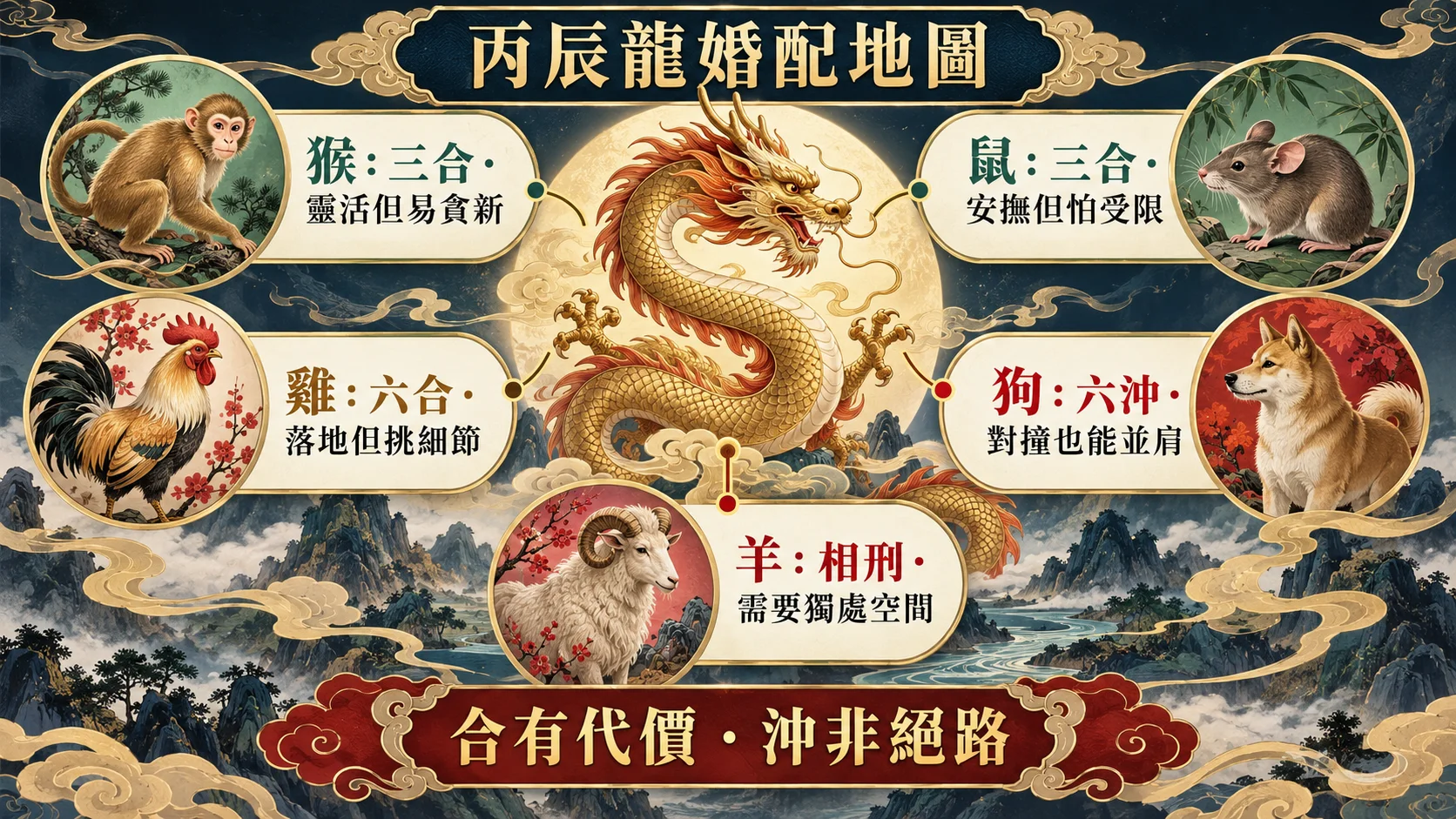 1976丙辰龍與猴鼠雞狗羊三合六合六沖相刑婚配圖