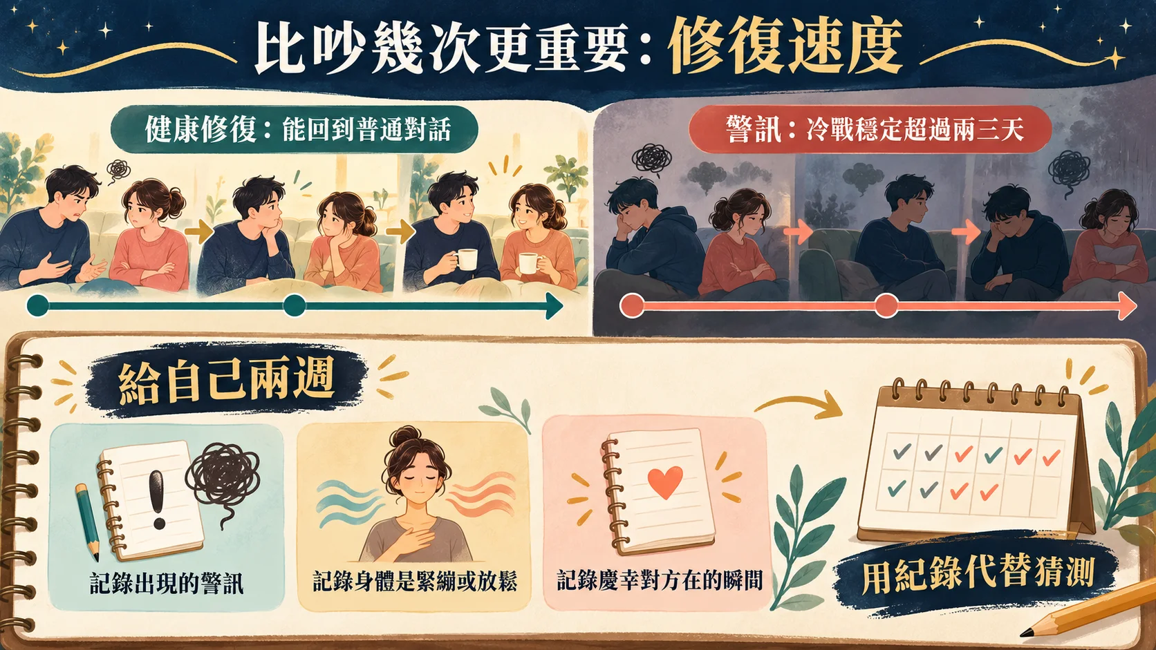 感情衝突修復速度與兩週關係觀察記錄方法圖
