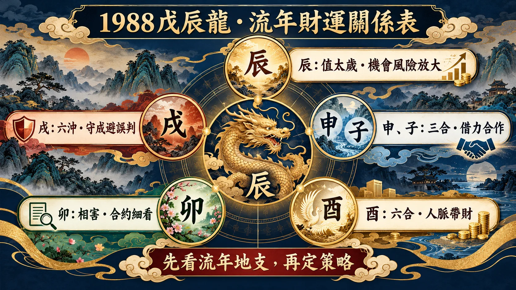 1988戊辰龍值太歲六沖三合六合相害流年財運關係圖