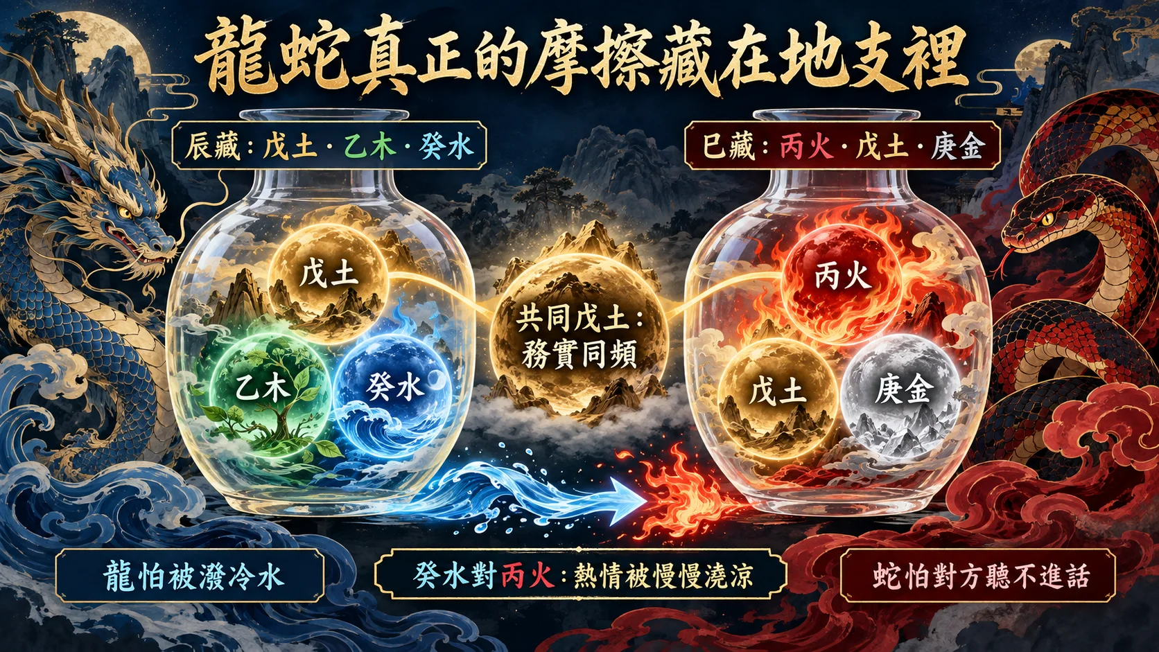 辰藏戊乙癸與巳藏丙戊庚的龍蛇婚配五行互動圖