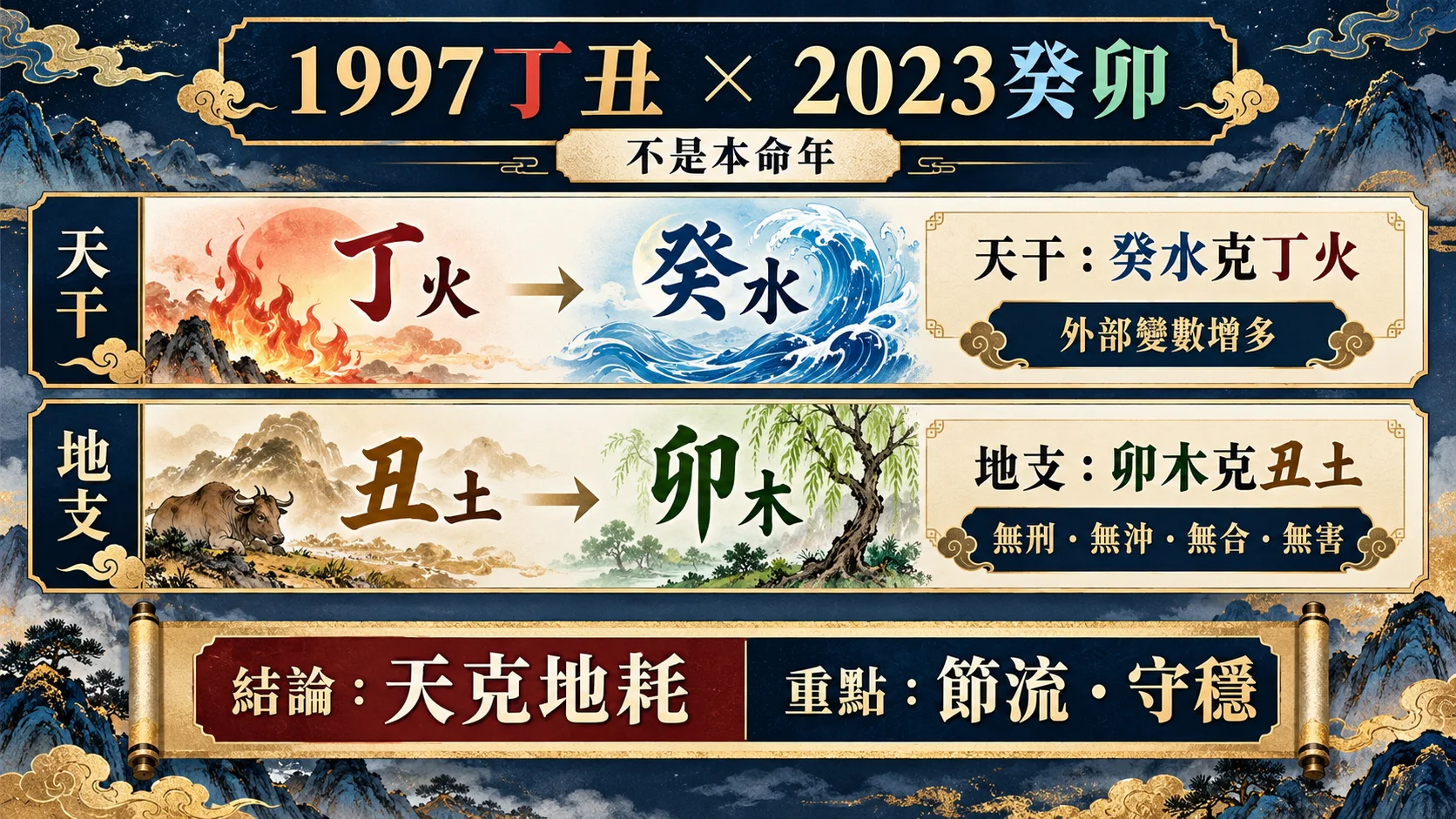 1997丁丑牛遇2023癸卯年天克地耗干支關係圖