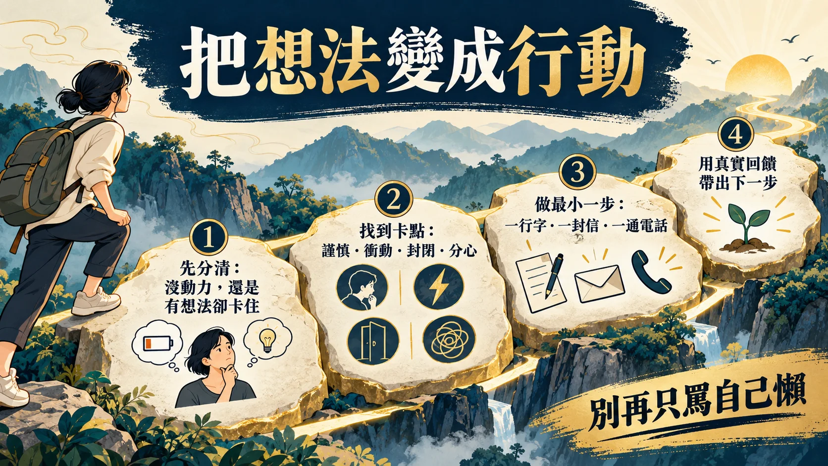想法轉成行動的辨認卡點最小步驟與回饋方法圖