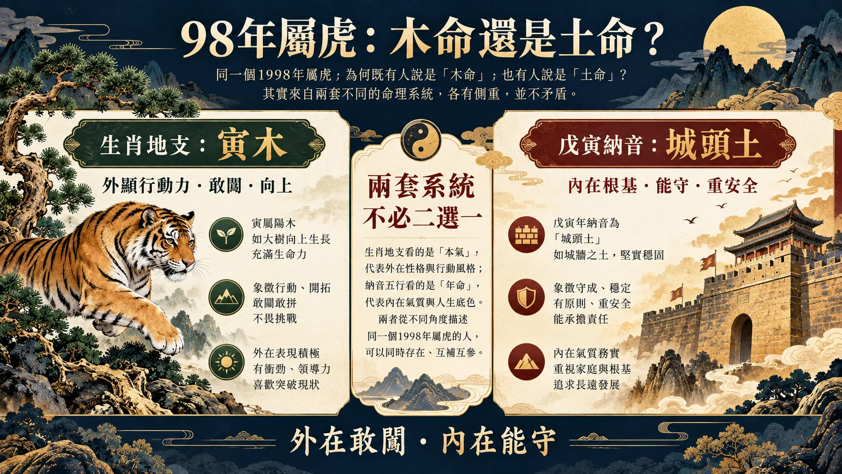 1998戊寅虎生肖寅木與納音城頭土兩套五行圖