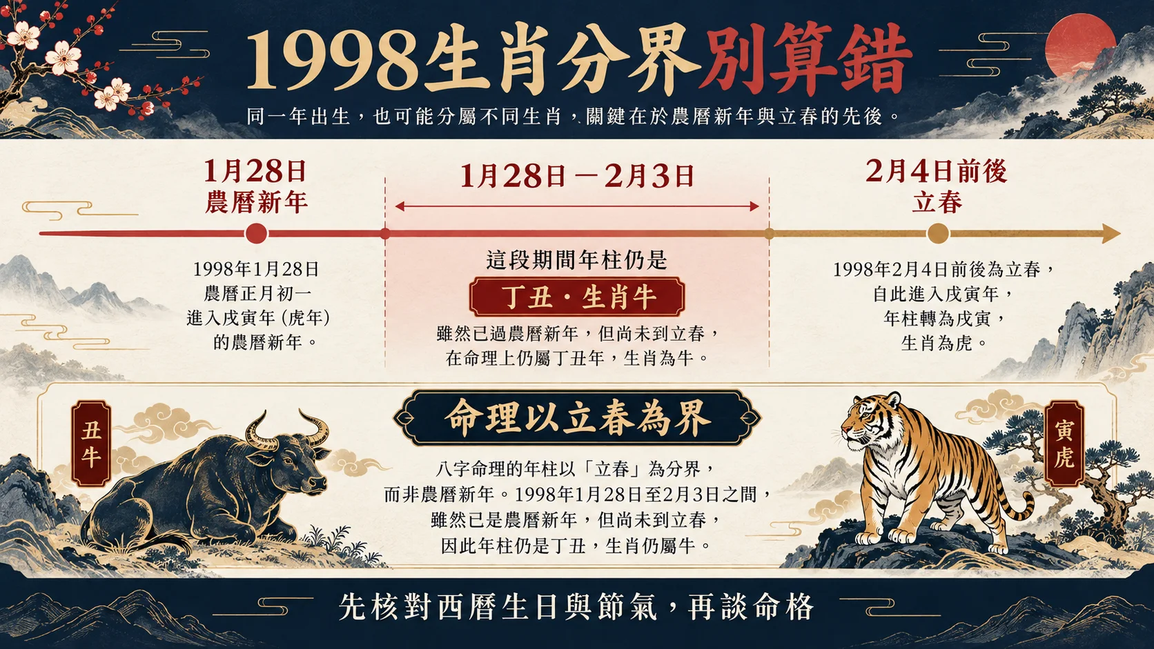 1998年農曆新年立春生肖牛虎年柱分界時間線圖