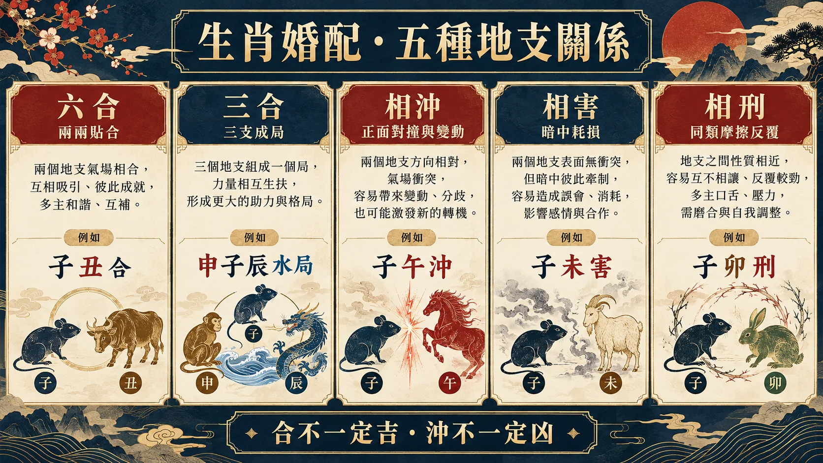 生肖婚配六合三合相沖相害相刑五種地支關係圖