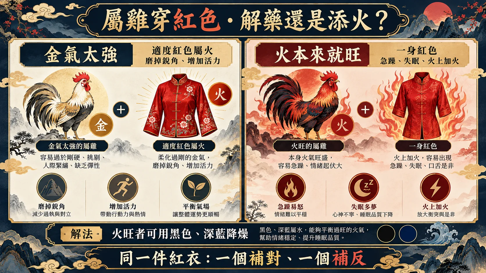屬雞選幸運色命局火弱與火旺用紅色效果對照圖
