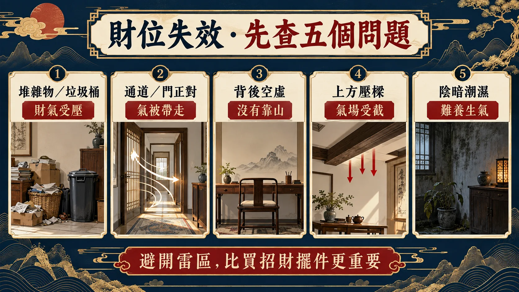 家中財位受壓雜亂漏水空蕩走道五種常見問題圖
