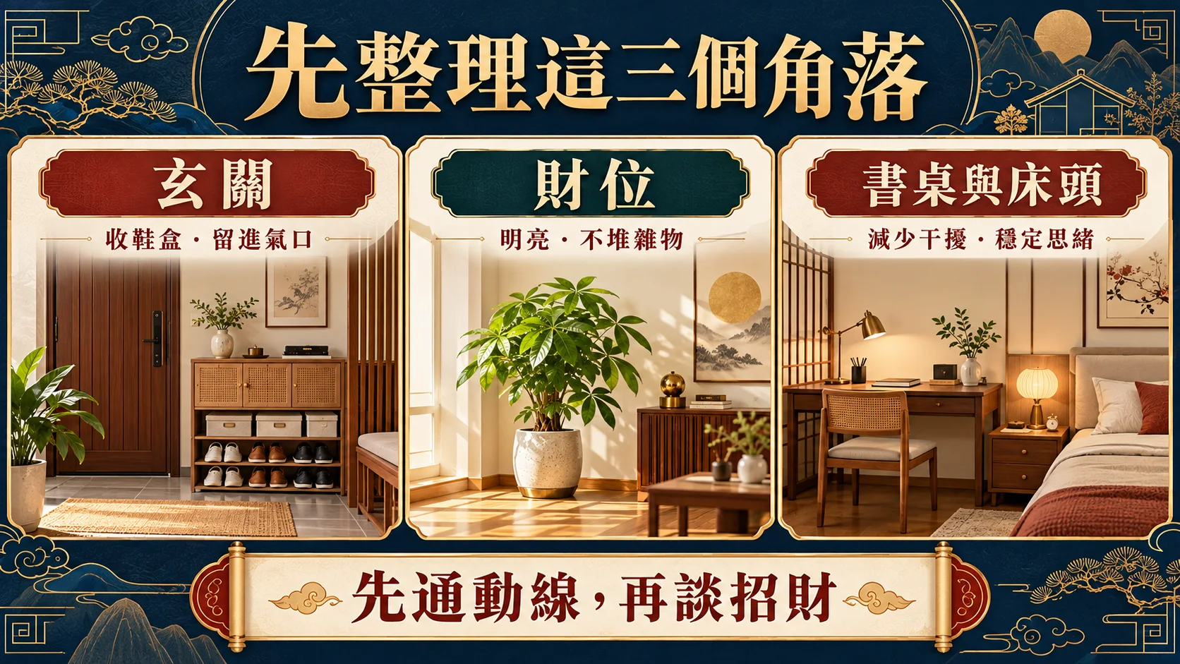 家居風水玄關財位書桌床頭三個優先整理角落圖
