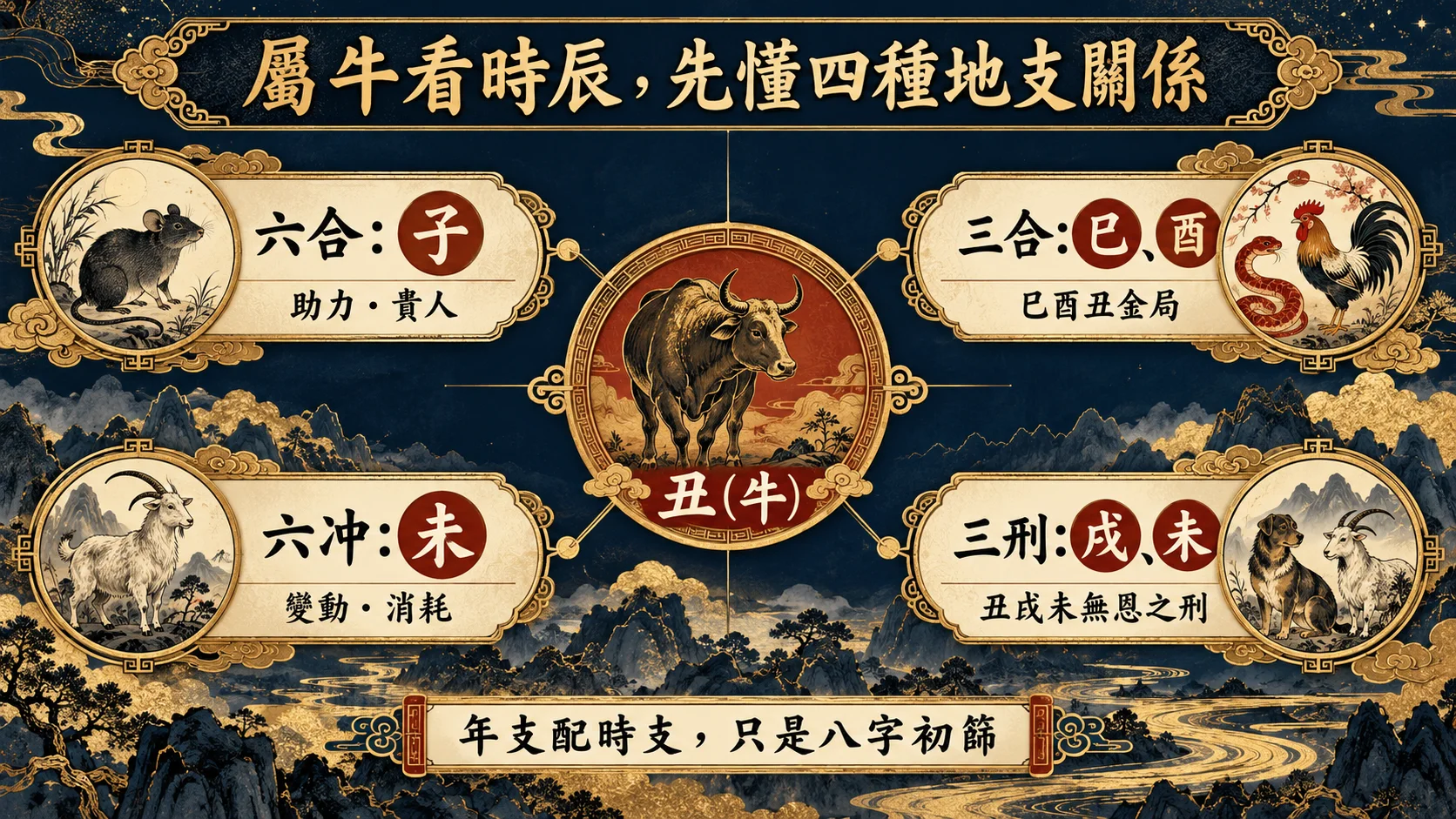 屬牛丑支六合子三合巳酉六沖未三刑戌未關係圖