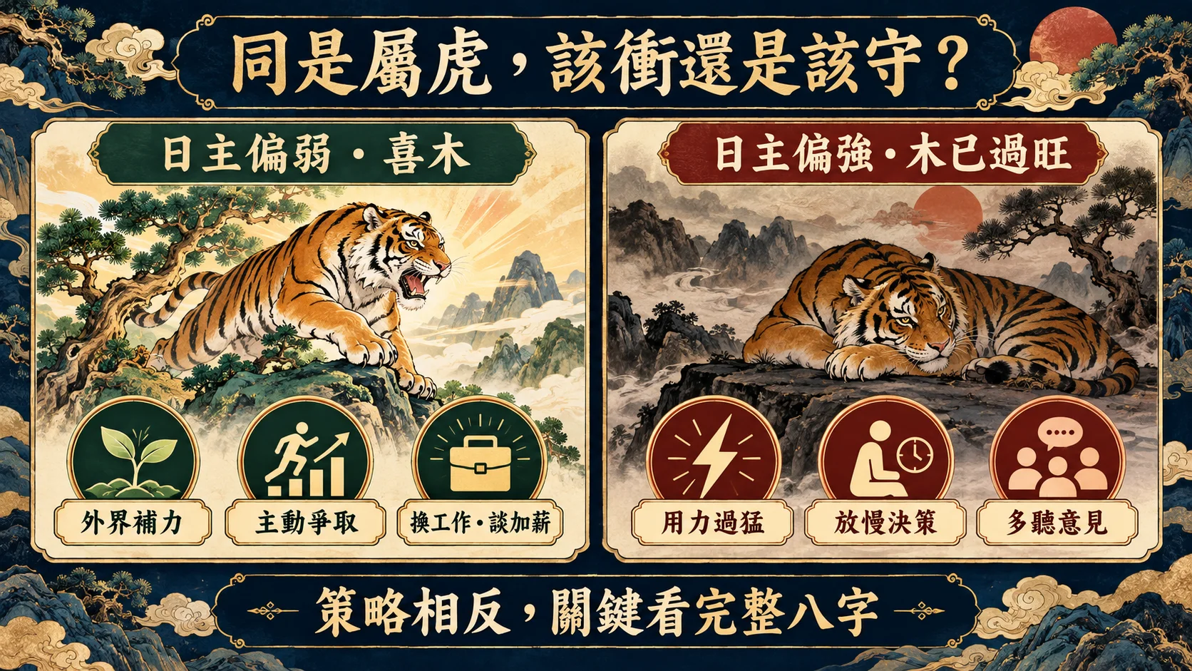 屬虎2023日主偏弱喜木與日主偏強木旺衝守策略圖