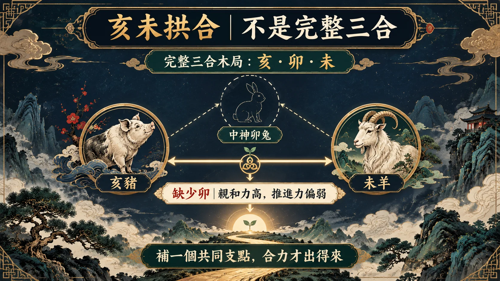 屬豬男屬羊女亥未拱合缺卯中神三合木局圖